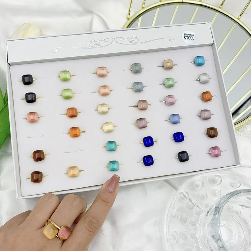 Pietra Quadrata Colorata-36pz Anelli in acciaio Regolabili - AAR-103-AA324R