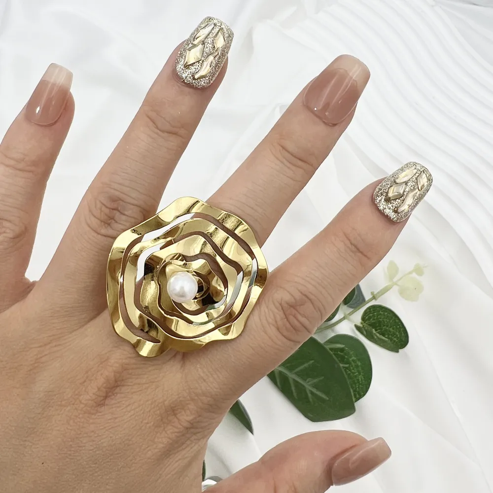 Fiore Grande con Perla-Anello Regolabile in Acciaio - AAR-759-06