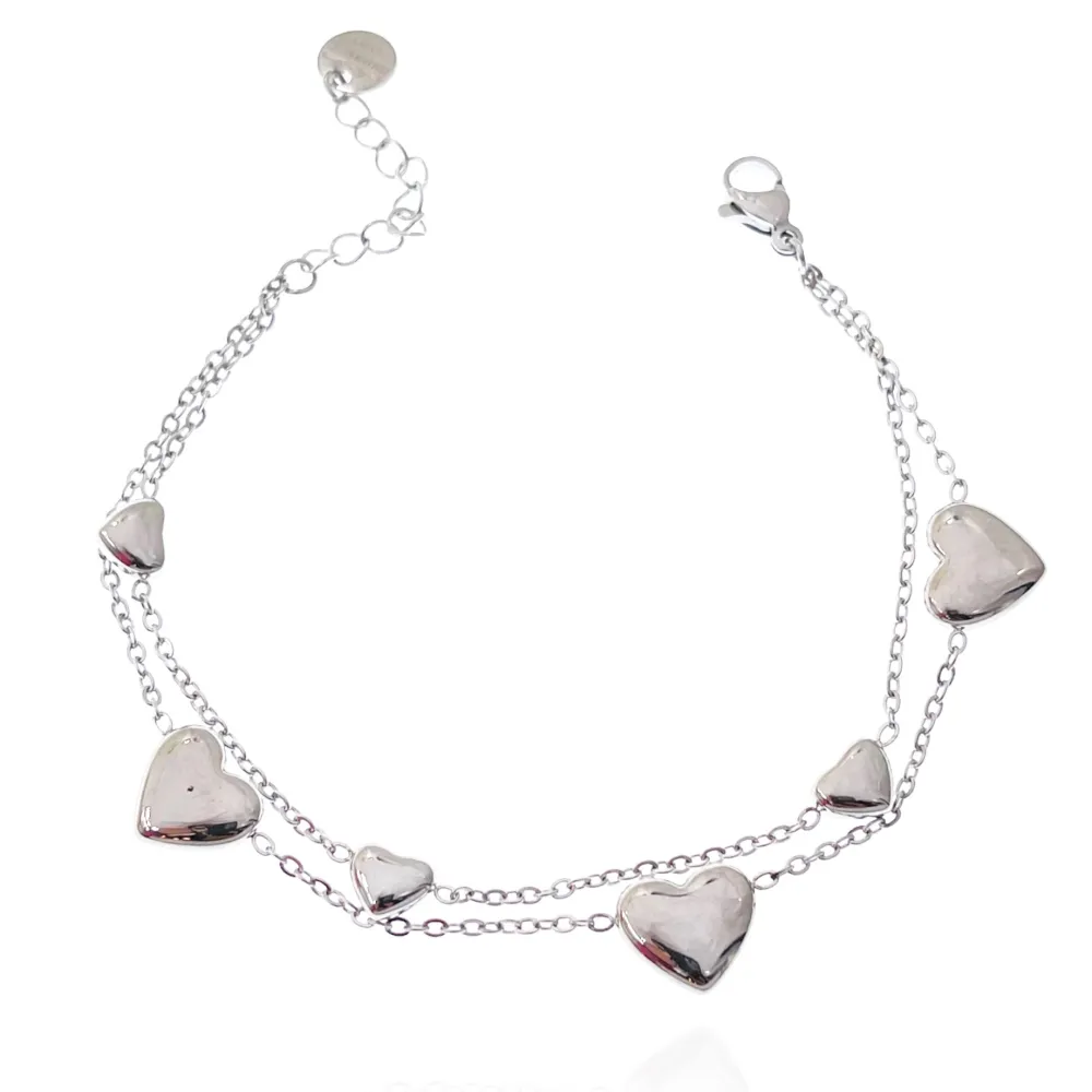 Doppia Catena con Cuore Bombato-Bracciale in Acciaio con Chiusura - BAC-103-AA3204B
