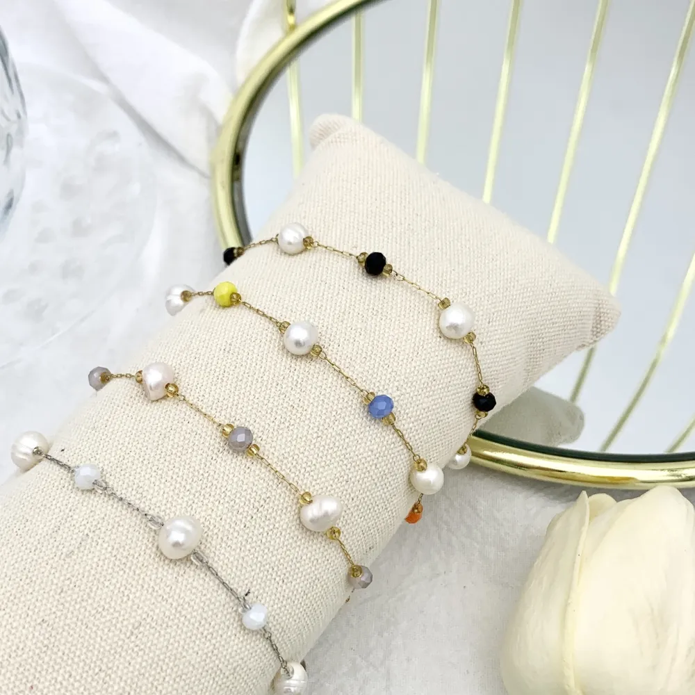 Semplice Perla di Fiume e Cristalli-Bracciale in Acciaio - BAC-732-37