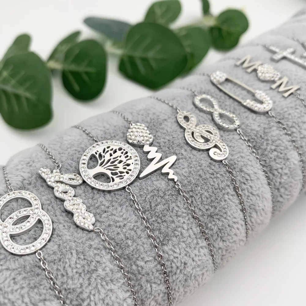 12Pz Bracciali in Acciaio con Chiusura a Moschettone + Cuscino - BPA7653-Soggetti Mix con Strass-12 Pz Bracciali in Acciaio