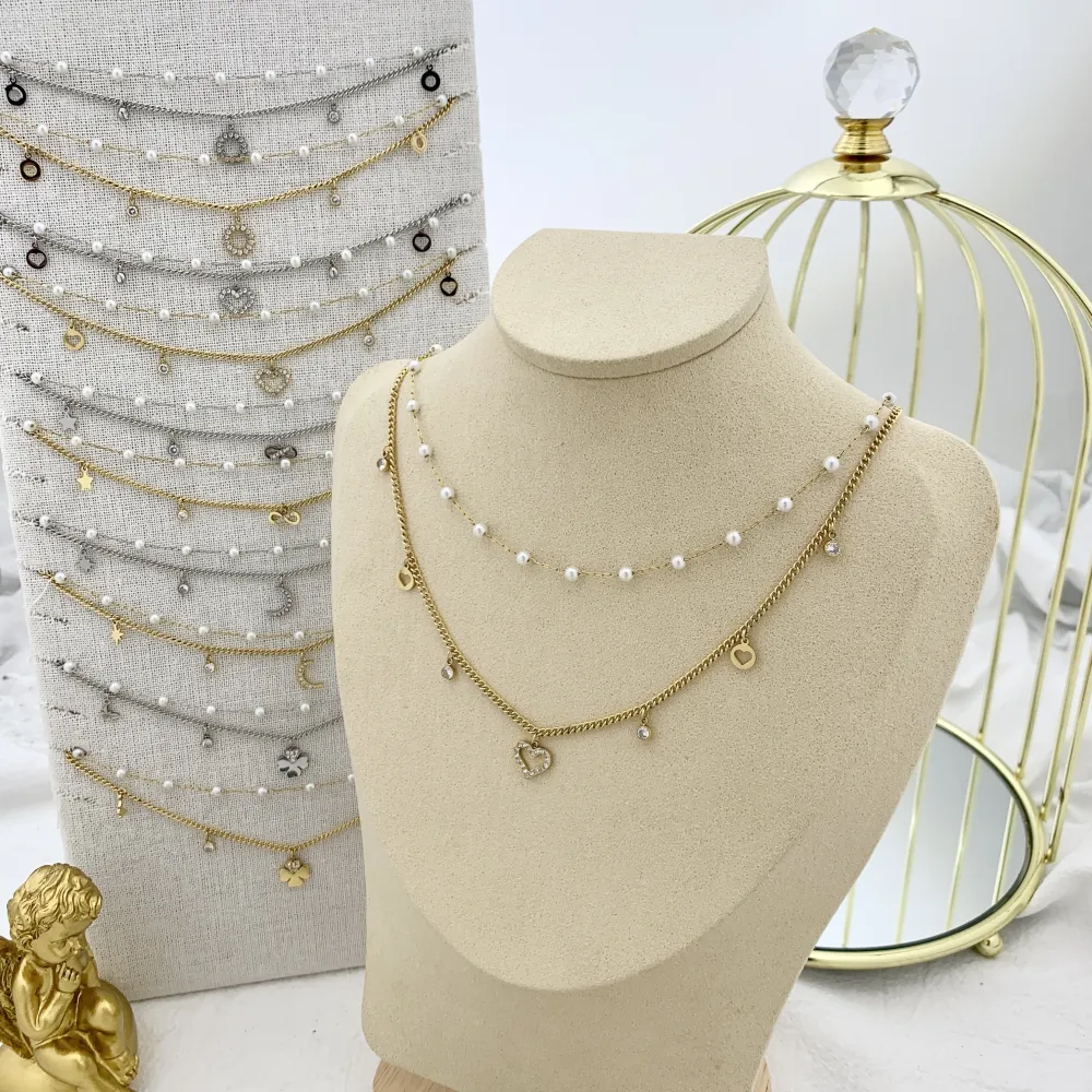 Doppio Perla e Quadrifoglio-Collana Corta in Acciaio - CAC-103-AA1165N