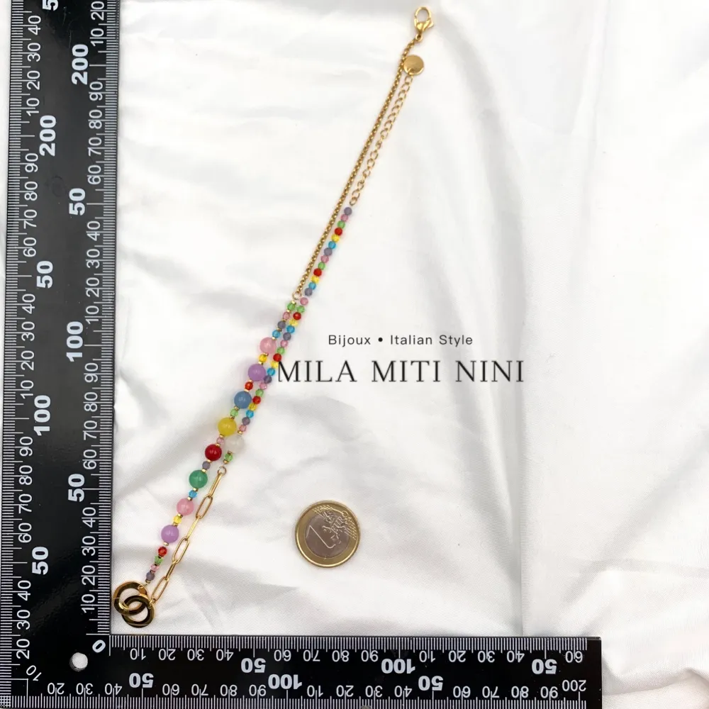 Pietre Colorate Doppio Cerchio-Collana Corta in Acciaio - CAC-103-AA149N