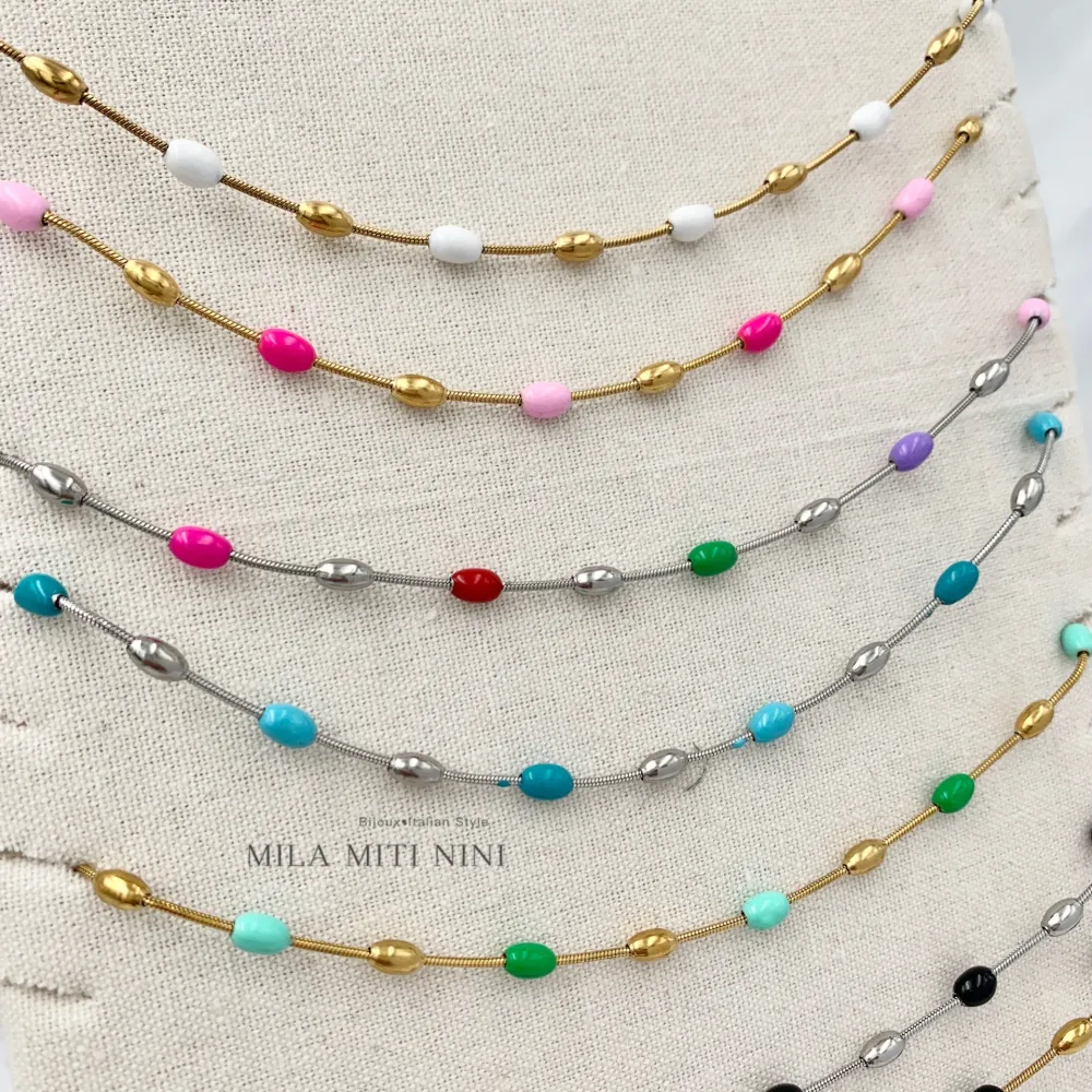 Pallina Ovale Colorata -Collana Corta in Acciaio - CAC-103-AA151N