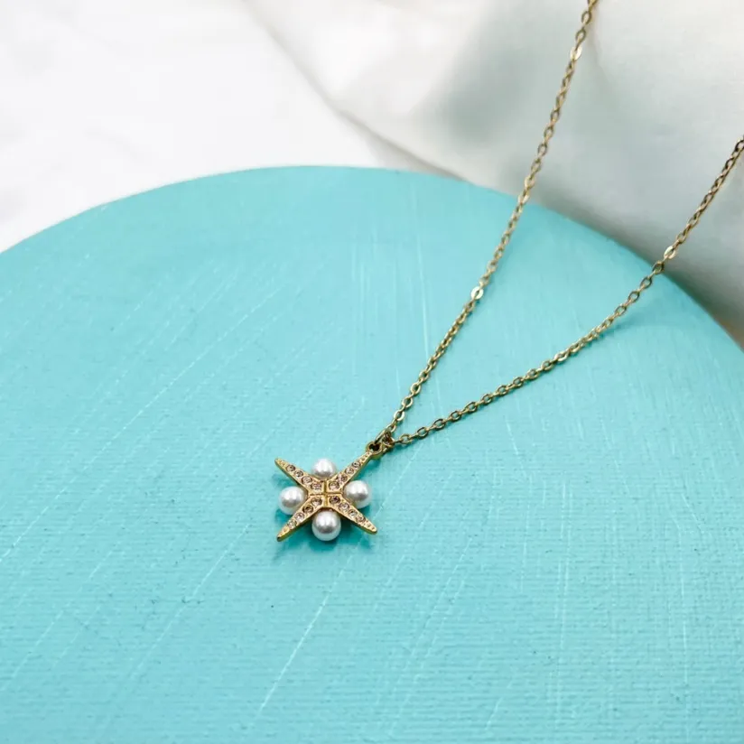 Croce Stella con Perla-Collana Corta in Acciaio - CAC-103-AA192N