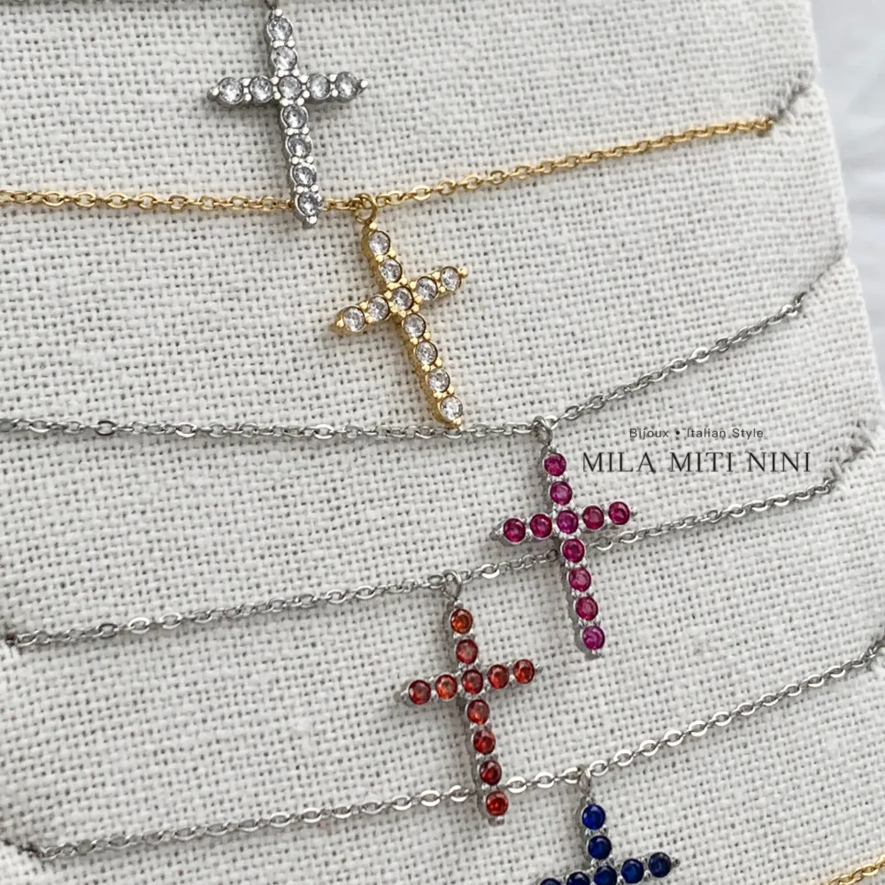 Croce con Zirconia -Collana Corta in Acciaio - CAC-103-AA495N