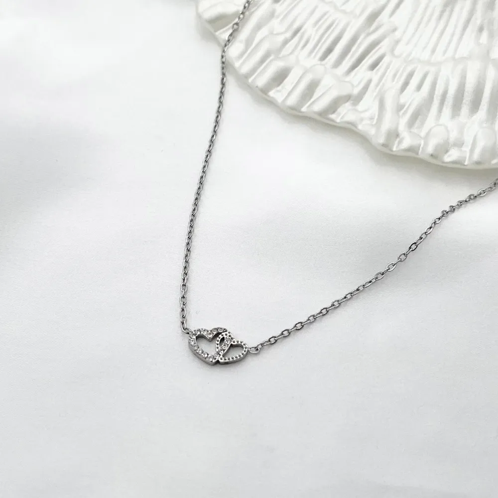 Doppio Cuore con Zirconia-Collana Corta in Acciaio - CAC-103-AA580N