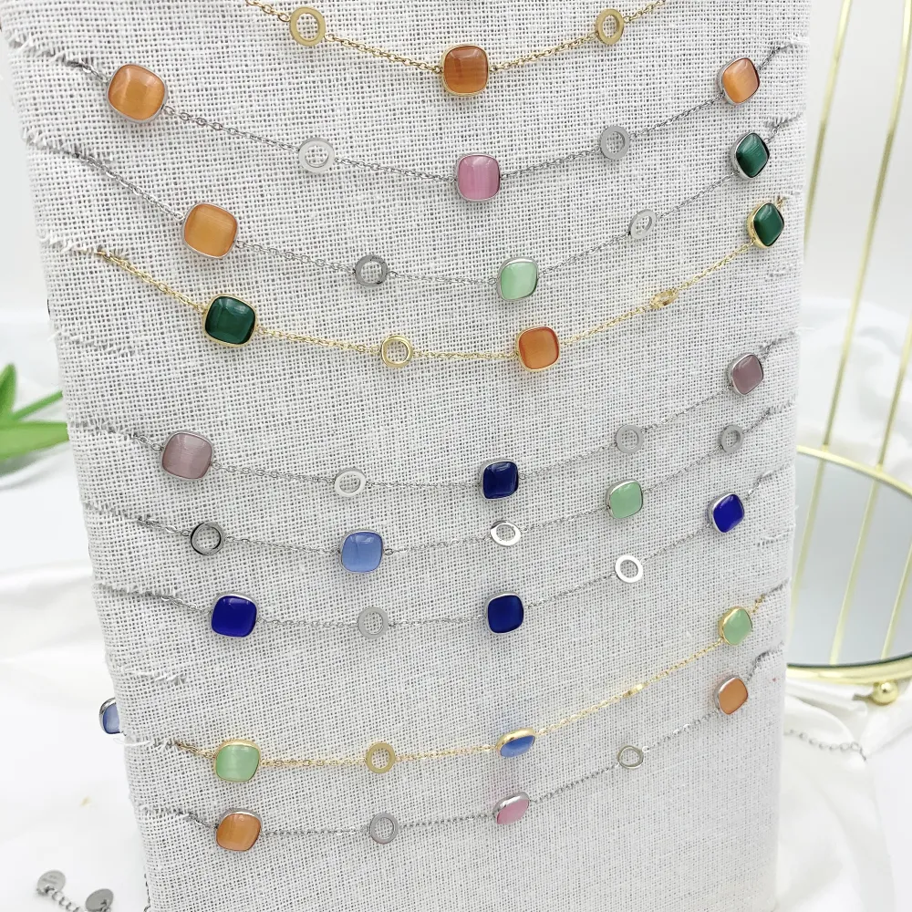 Pietra Luna Quadrata-Collana Corta in Acciaio - CAC-103-AA633N