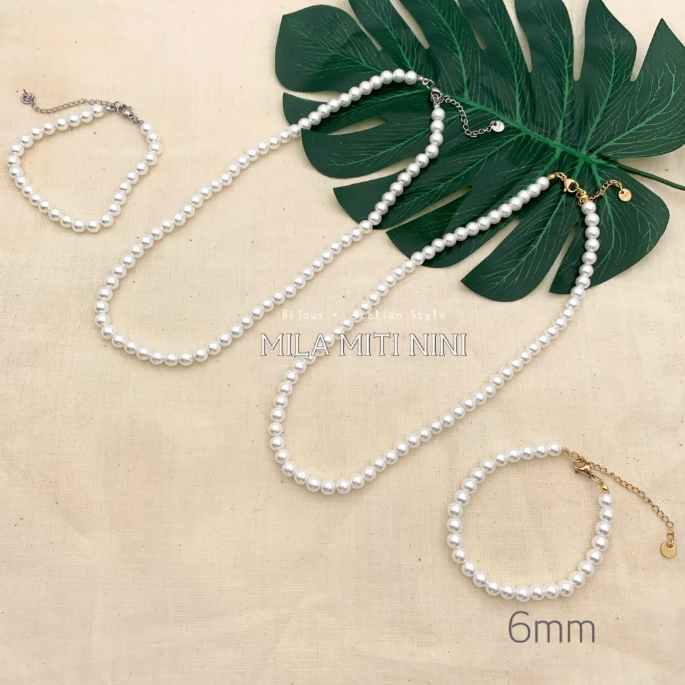 CAC176-437-Perla 6mm -Collana Corta in Acciaio - CAC176-437-Perla 6mm -Collana Corta in Acciaio