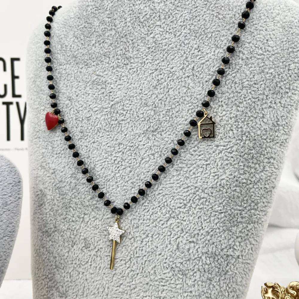 Cristalli Neri con Bachetta Magica -Collana Corta in Acciaio - CAC-413-1570