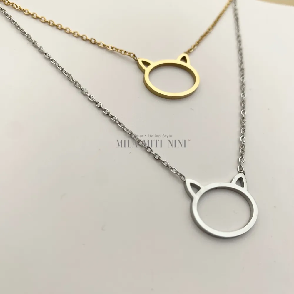 CAC413-1585-Gatto-Collana Corta in Acciaio - CAC413-1585-Gatto-Collana Corta in Acciaio