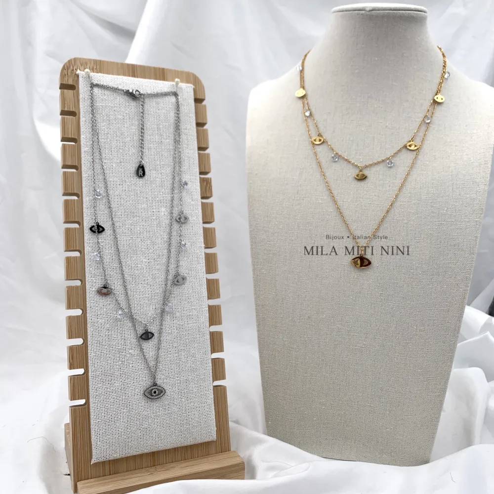 Doppio Zirconia occhio -Collana Corta in Acciaio - CAC-413-1712