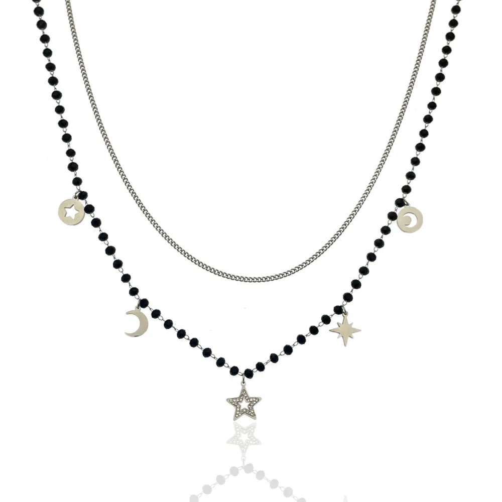 Cristalli Neri Stella Luna  -Collana Corta in Acciaio - CAC-413-1832