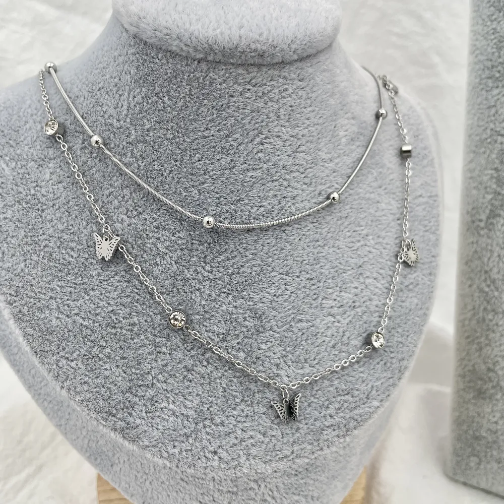 Doppio Farfalla-Collana Corta in Acciaio - CAC-413-1875a