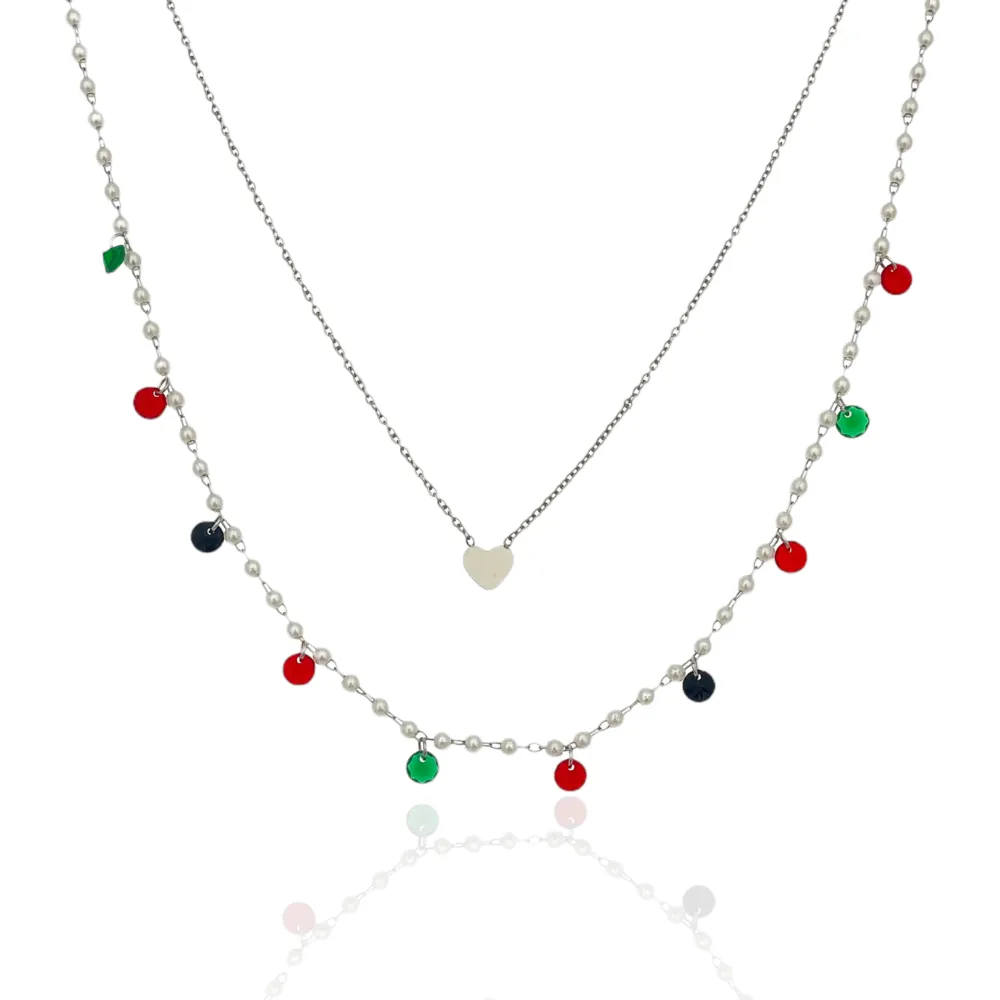 Doppio Catena Perla Zirconia e Cuore -Collana Corta in Acciaio - CAC-413-2056