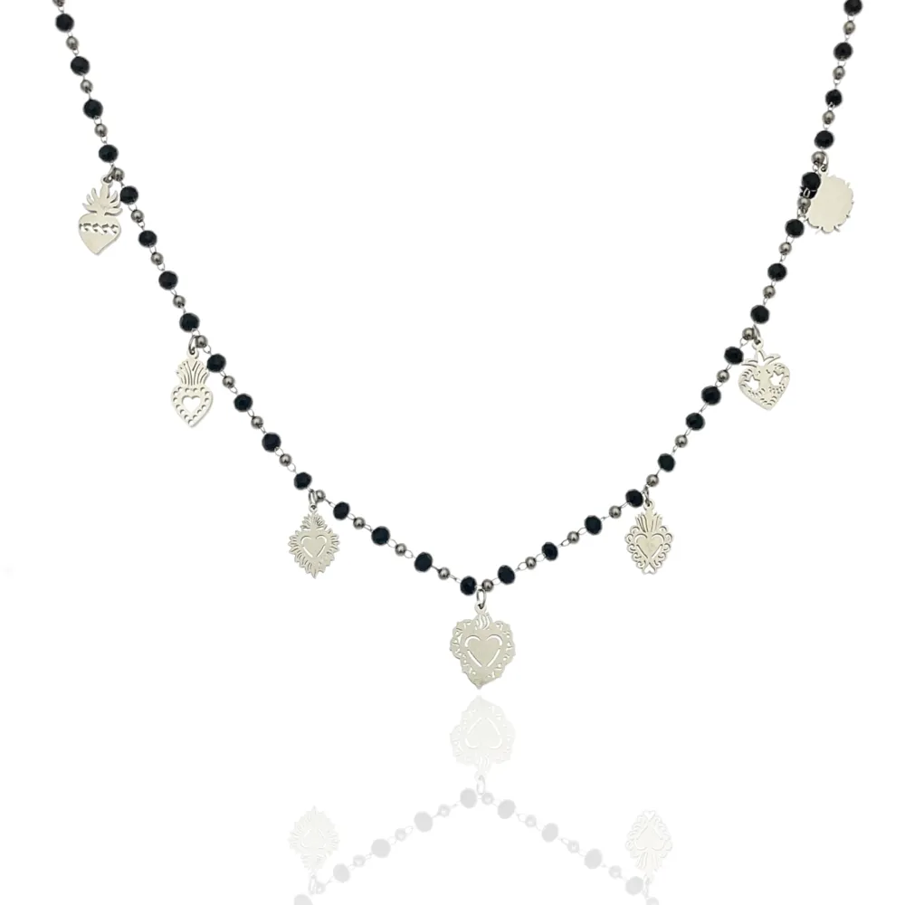 Cristalli Neri con Sacro Cuore -Collana Corta in Acciaio - CAC-413-2099