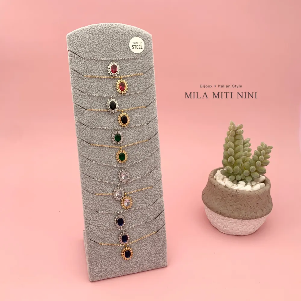 Pietra Ovale-12Pz Collane Corta in Acciaio + Espositore in Omag - CAC-413-2121