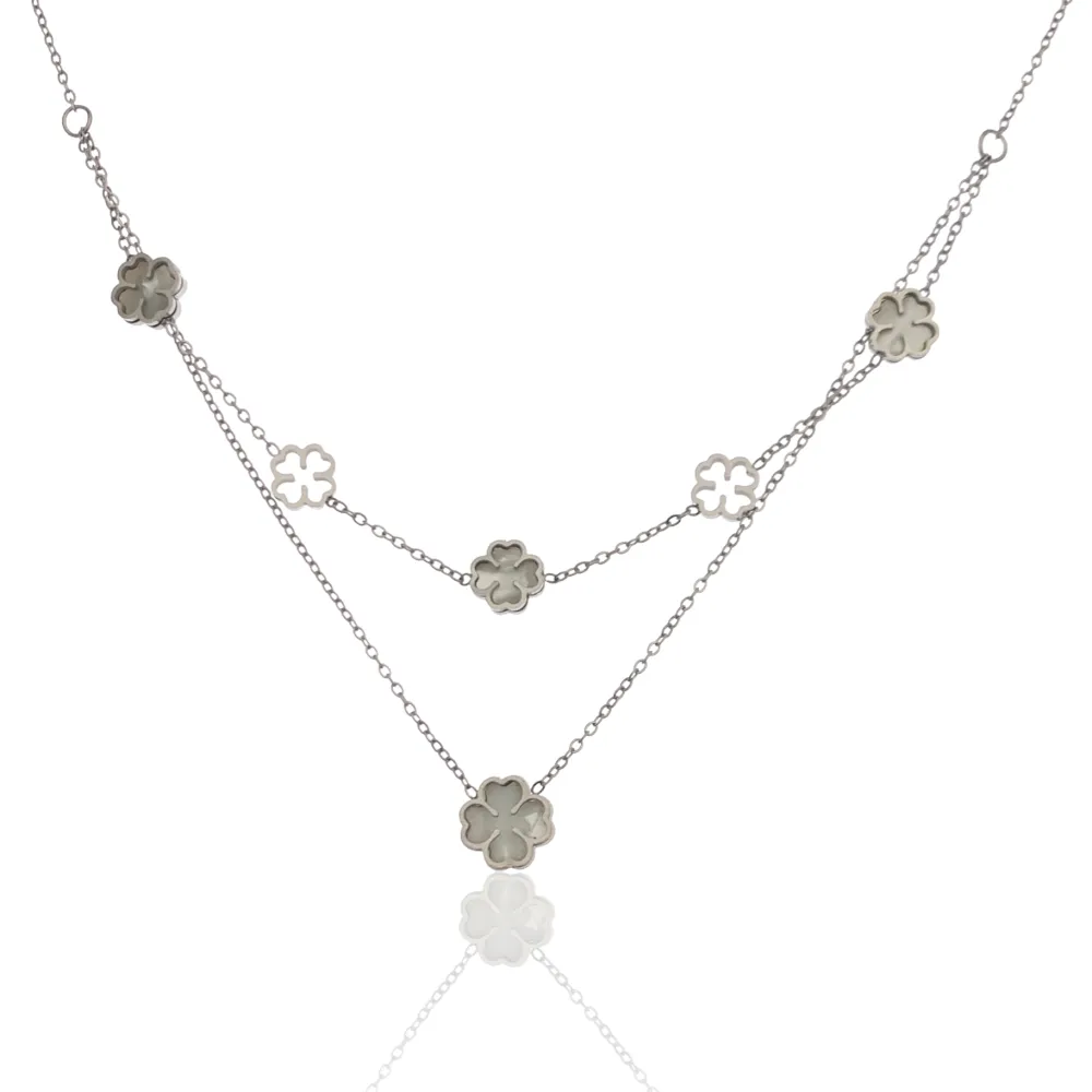 Doppio Catena con Quadrifoglio -Collana Corta in Acciaio - CAC-413-2165