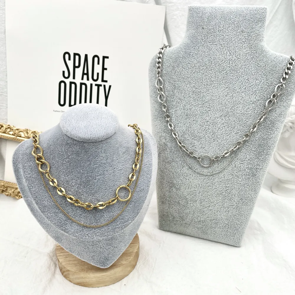 Doppio Catena con Cerchio-Collana Corta in Acciaio - CAC-413-2182