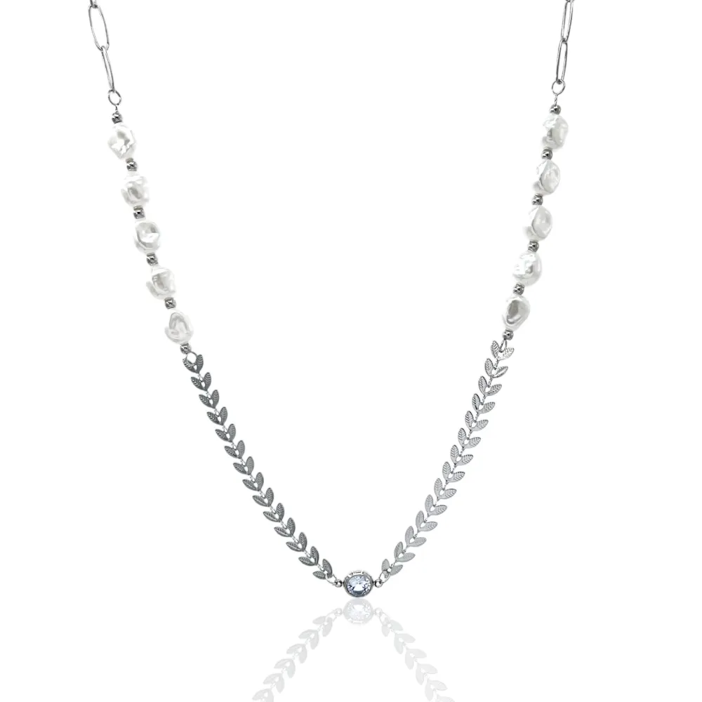 Foglia e Perla -Collana Corta in Acciaio - CAC-413-2210
