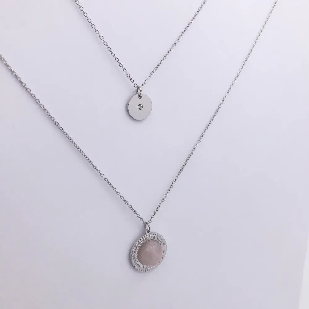 CAC4147-Tondo pietra -Collana Corta doppio filo in Acciaio - CAC4147-Tondo pietra -Collana Corta doppio filo in Acciaio