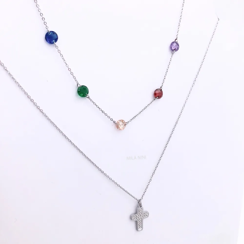 Collana moda multifilo  acciaio e cristallo - CAC5038-Croce e zirconia- Collana Corta Multifilo in Acciaio