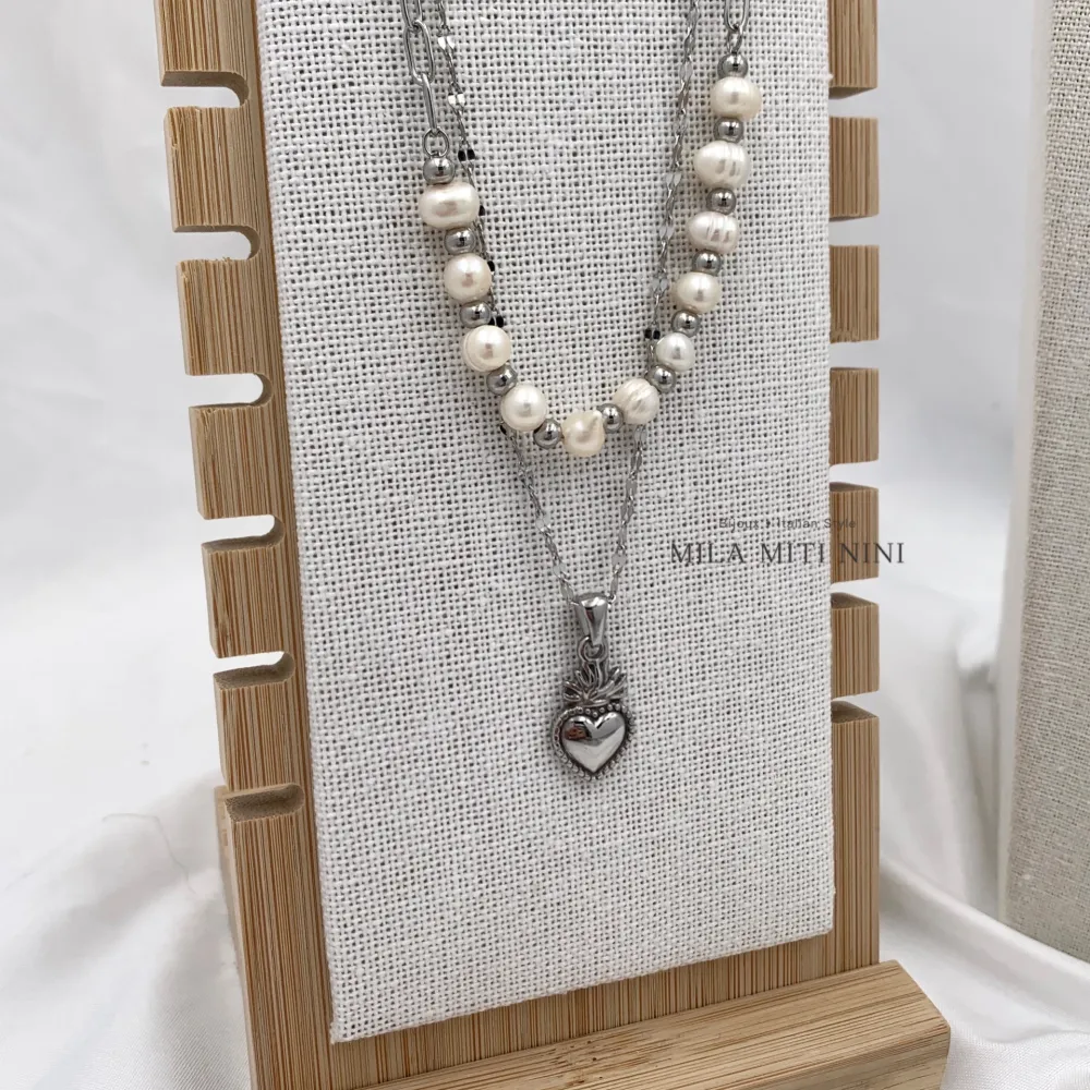 Doppio con Perla e Sacro Cuore -Collana Corta in Acciaio - CAC-600-B221