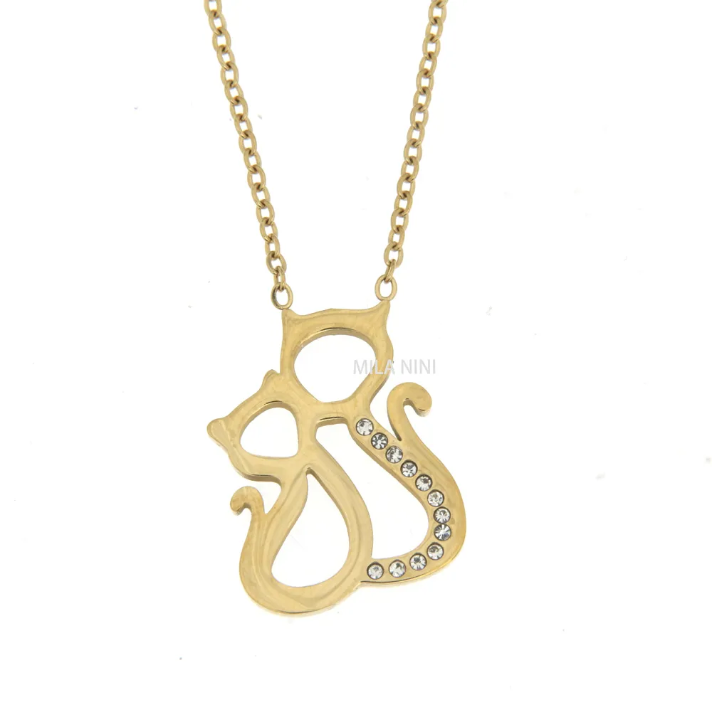 Doppio Gatto - Girocollo in Acciaio con Strass - CAC6342-Gatto - Girocollo in Acciaio con Strass