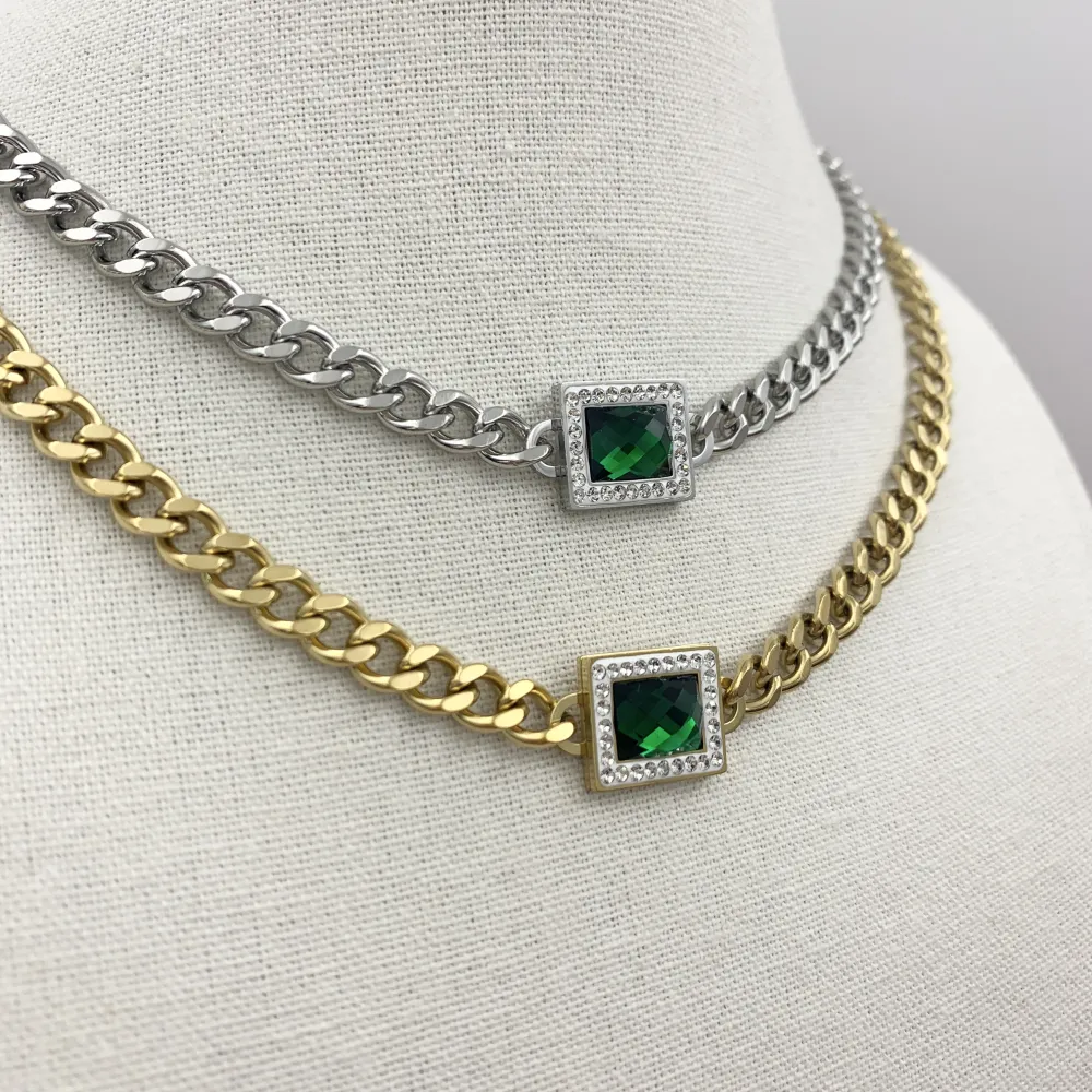 CAC7048-Rettangolo-Collana Corta in Acciaio - CAC7048-Rettangolo-Collana Corta in Acciaio