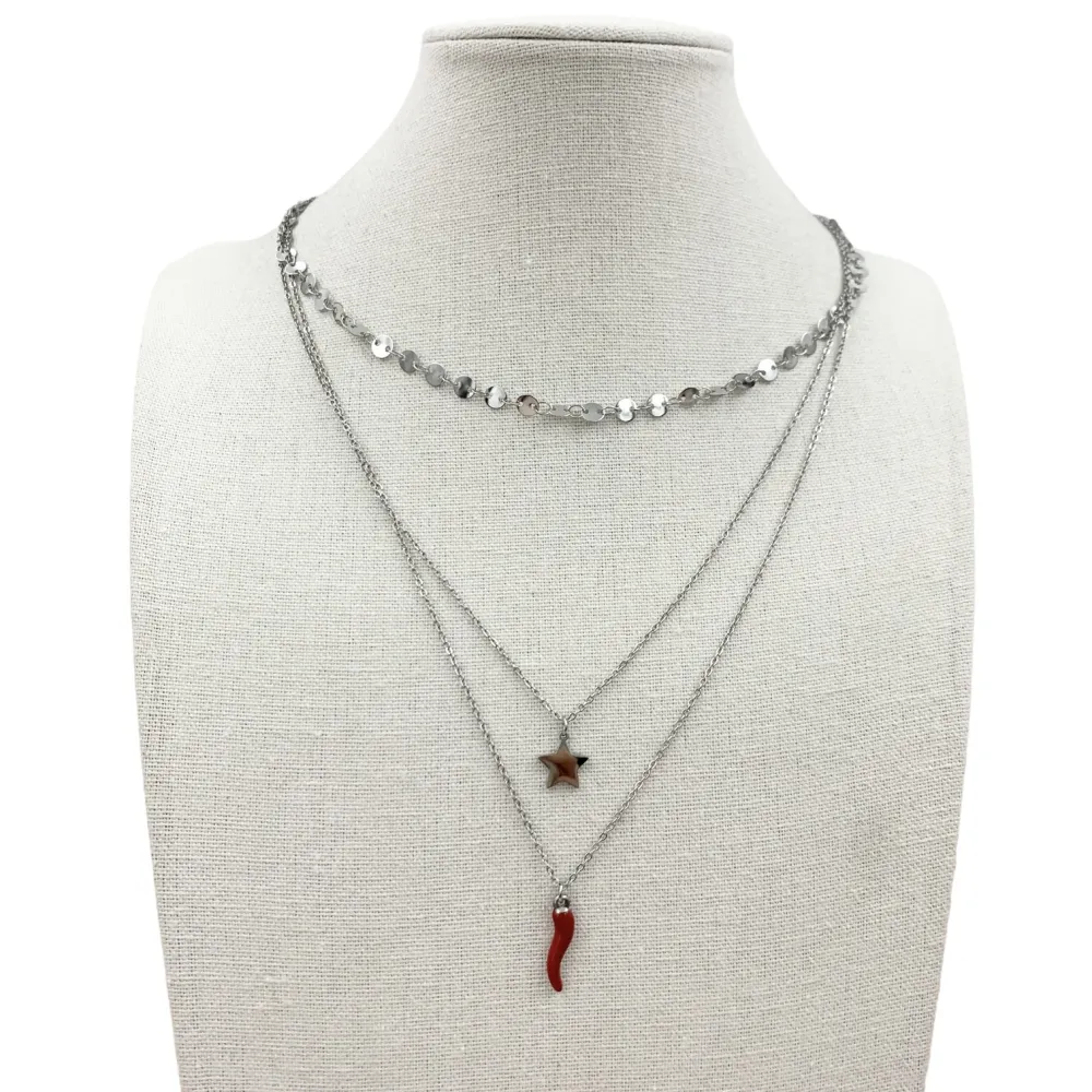 CAC7062-Multifilo con Cornino-Collana Corta in Acciaio - CAC7062-Multifilo con Cornino-Collana Corta in Acciaio