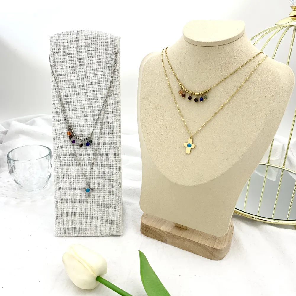 Doppio Catena con Croce-Collana Corta in Acciaio - CAC-732-26