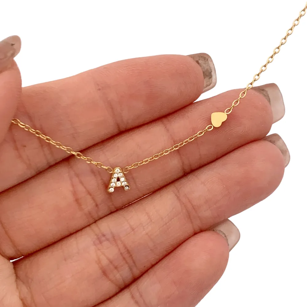 Iniziale Piccolo con Strass e Cuore-24pz Collana Corte in Acciaio - CPA-103-AA3208N