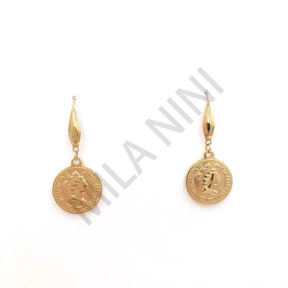 Orecchini pendenti in acciaio tonda - Moneta Regina - Orecchini pendenti in acciaio