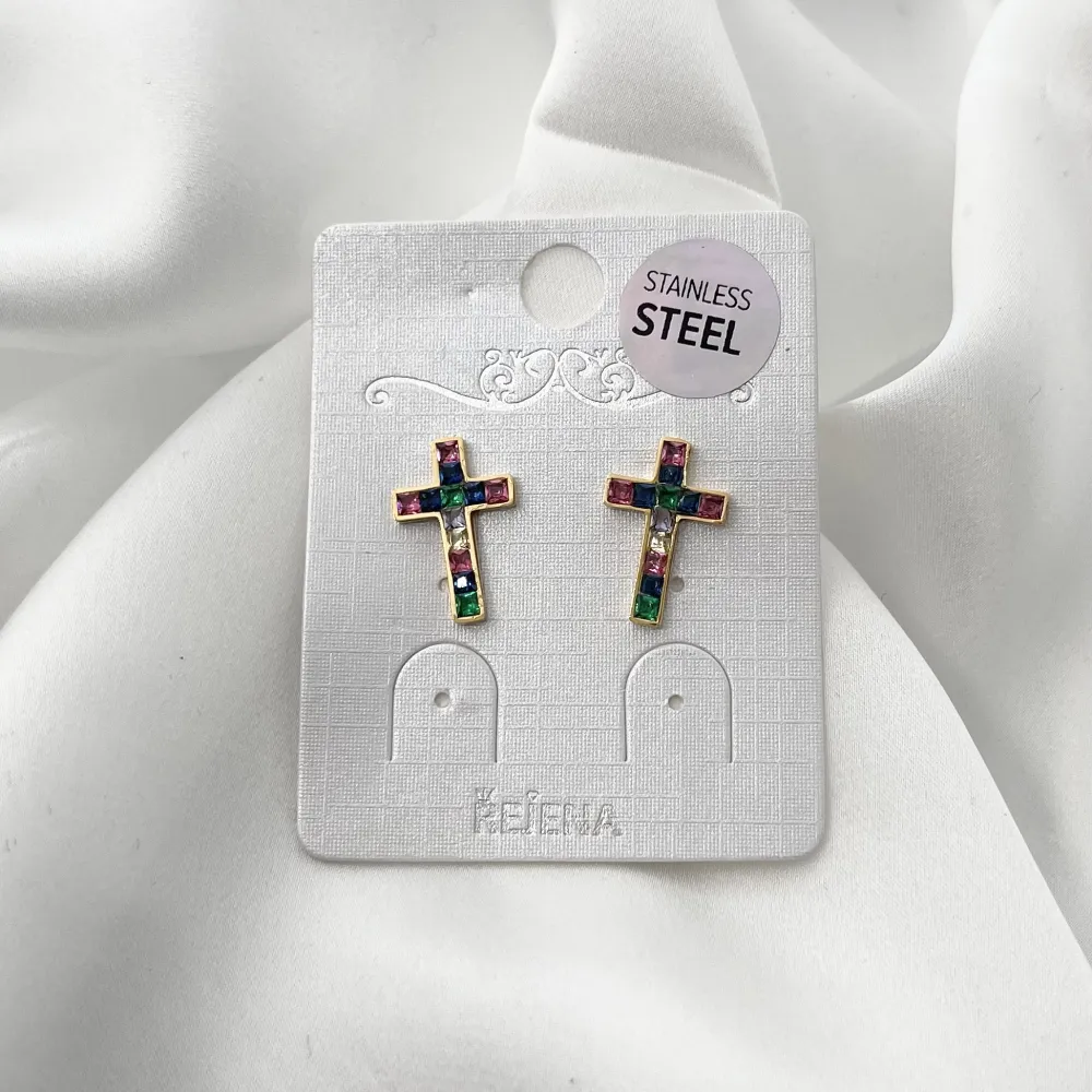 Croce Colorato con Zirconia-Orecchini a Lobo in Acciaio - OAP-103-AA944E