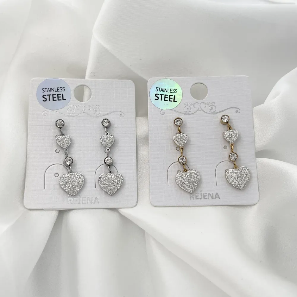 Doppio Cuore Pendente con Strass-Orecchini in Acciaio - OAP-413-1209