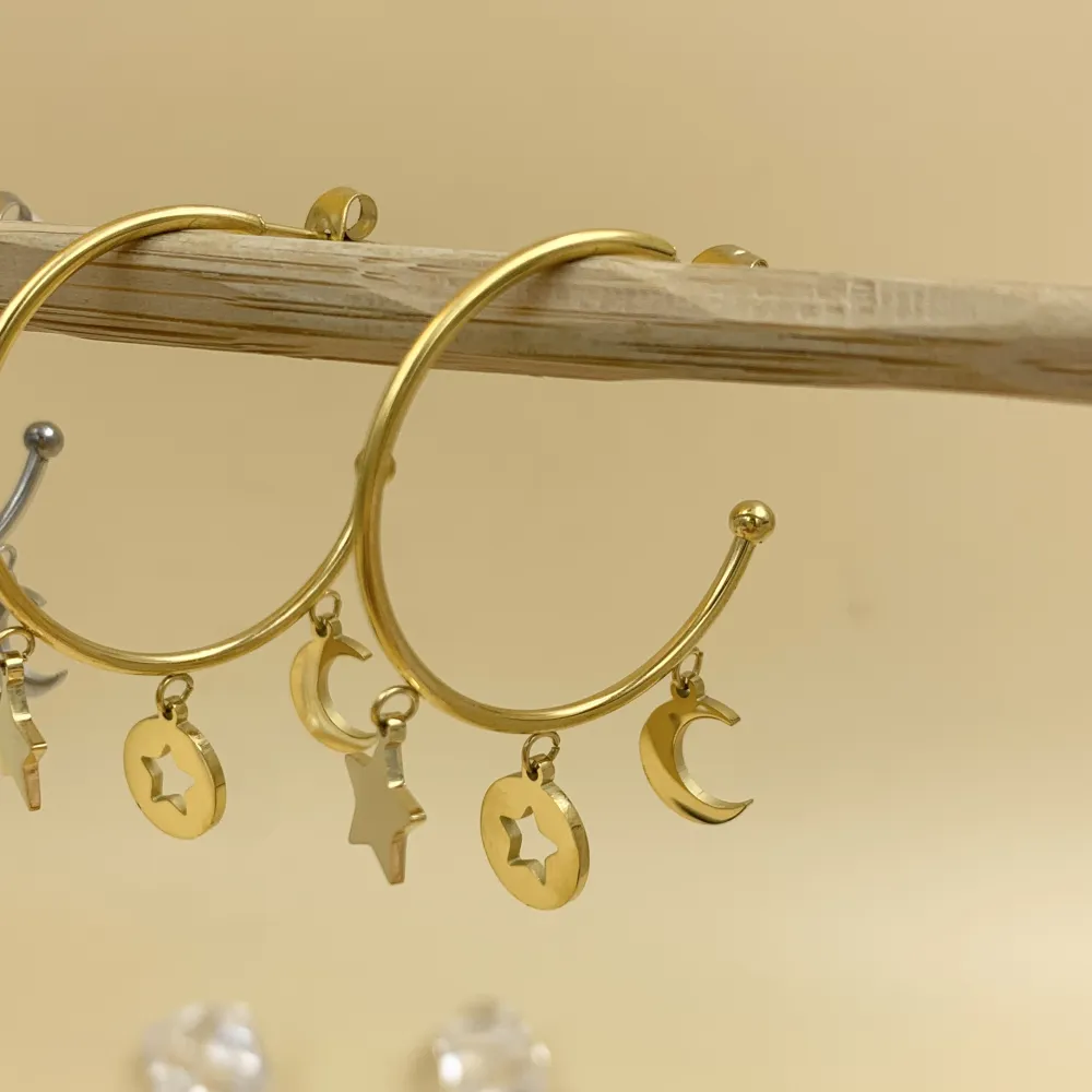 OAP6818-Stella- Orecchini a Cerchio con Pendenti in Acciaio - OAP6818-Stella- Orecchini a Cerchio con Pendenti in Acciaio