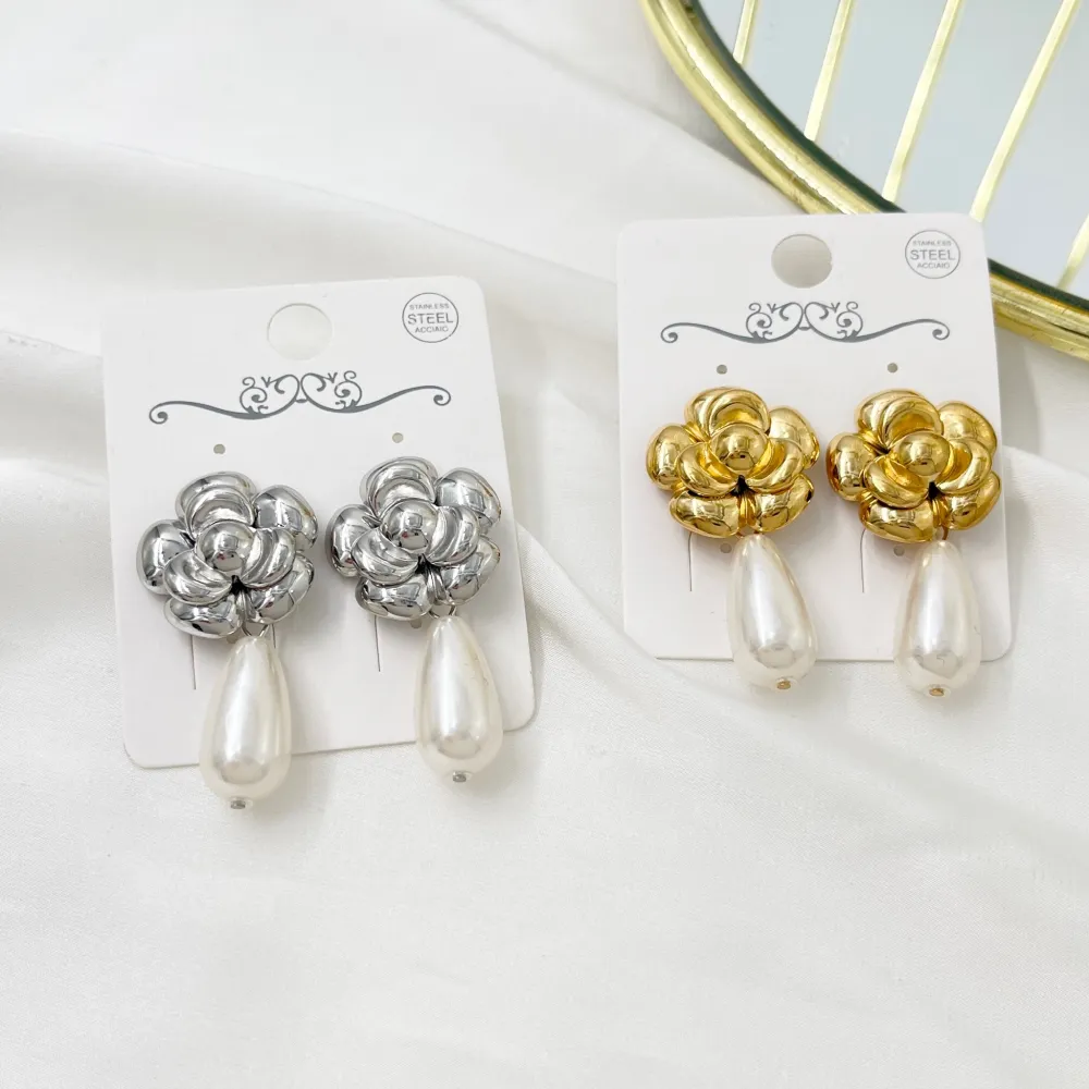 Fiore Rosa con Perla -Orecchini in Acciaio - OAP-732-360