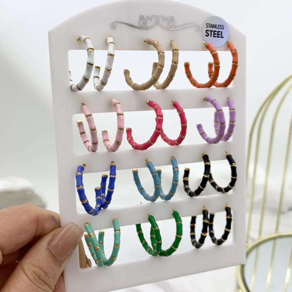 Cerchio Colorato Bambù-12Paia Orecchini in Acciaio - OPA-103-AA3320E