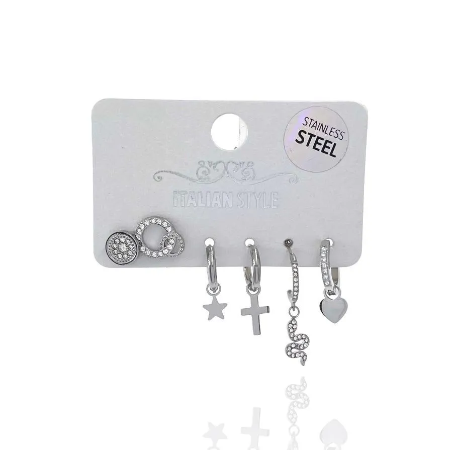 Croce Serpente Stella-Set 6pz Orecchini in Acciaio e Zirconia - OPA-103-AA531E