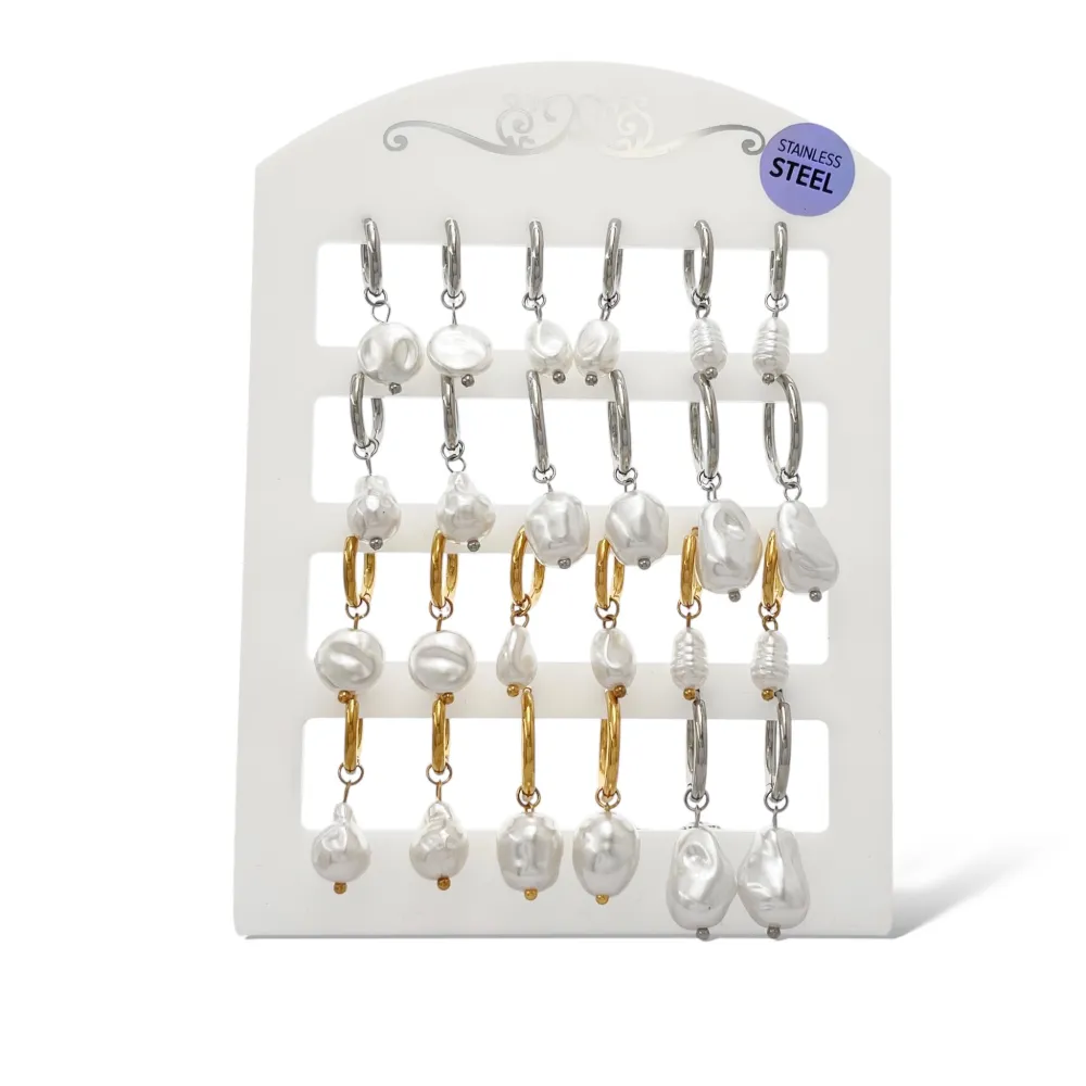 Cerchio con Perla Pendente-12Paia Orecchini in Acciaio - OPA-413-0801