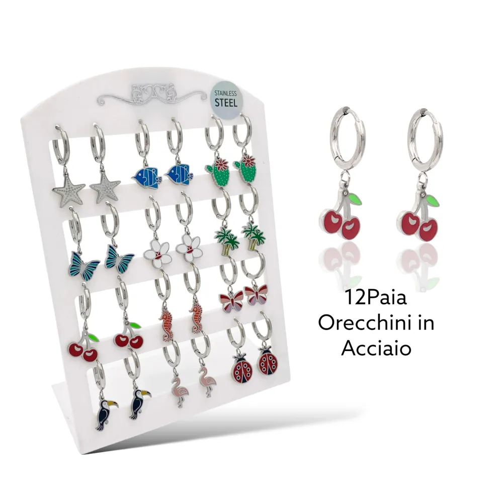 Mix Soggetti Tropocali Smaltato-12Paia Orecchini in Acciaio - OPA-413-983