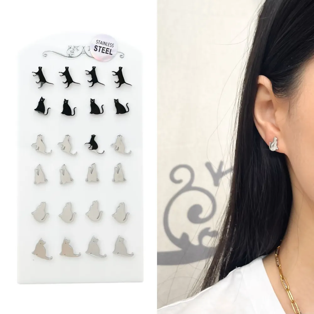 Gatto-12 Paia Orecchini in Acciaio - OPA-450-233