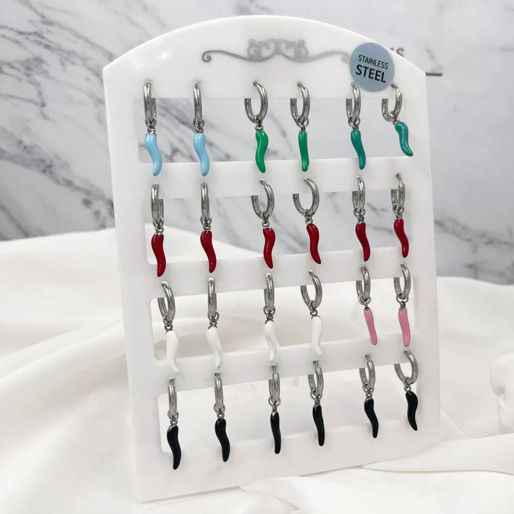 Cerchio con Cornino Colorato-12 Paia Orecchini in Acciaio - OPA-450-291