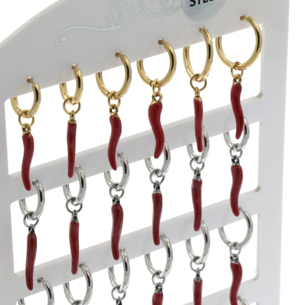 OPA6599-Cornino Rosso- 12 Paia Orecchini in Acciaio - OPA450-292