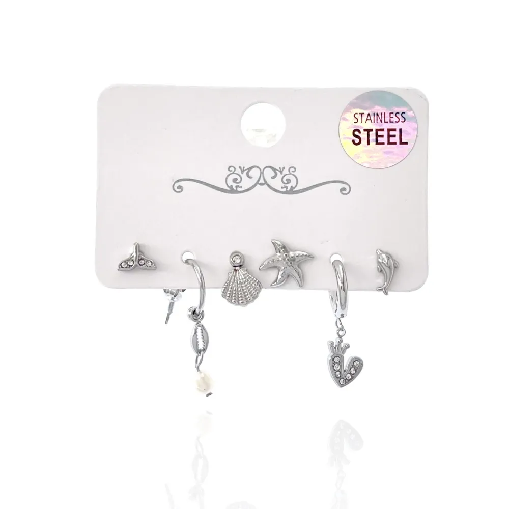 Mare Delfino Conchiglia Stella Marina-Set 6pz Orecchini in Acciaio - OPA-736-10