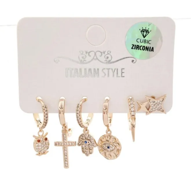 Mano Gufo Croce -Set 6Pz Orecchini con Cubic Zirconia - OPM-109-142