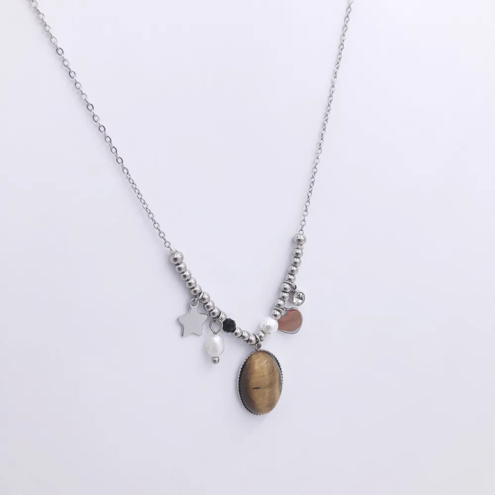 Collana acciaio - Pendente pietra occhi di tigre e perla di fiume 4168  - Collana
