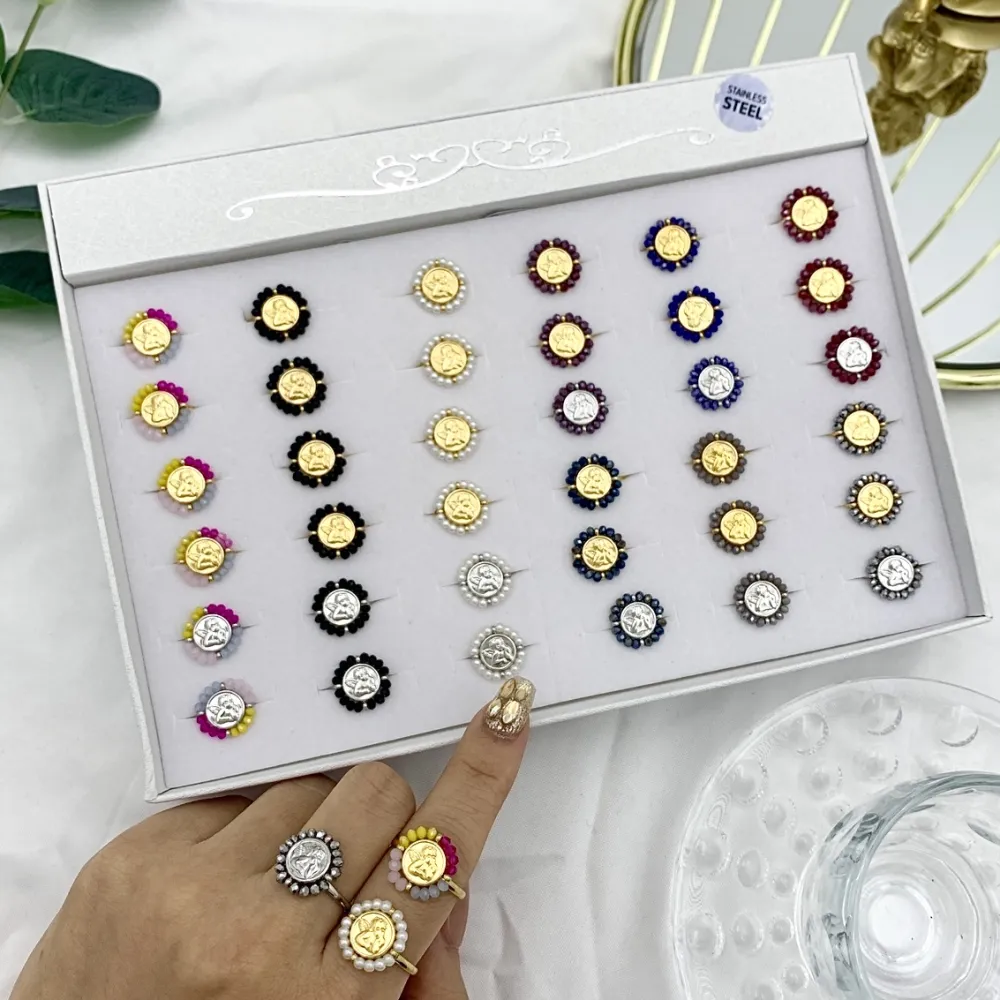 Angelo con Cristalli-36pz Anelli Regolabili in Acciaio - AAR-103-AA2711R