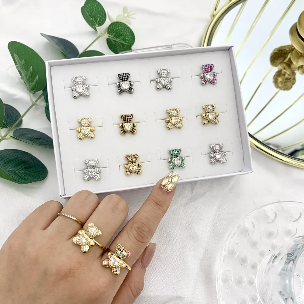 Orsetto Grande con Zirconia-12pz Anelli Regolabili in Acciaio - AAR-103-AA2719R 15mm