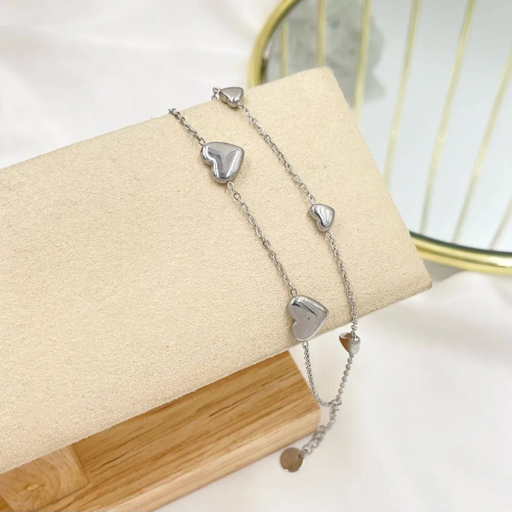 Doppia Catena con Cuore Bombato-Bracciale in Acciaio con Chiusura - BAC-103-AA3204B